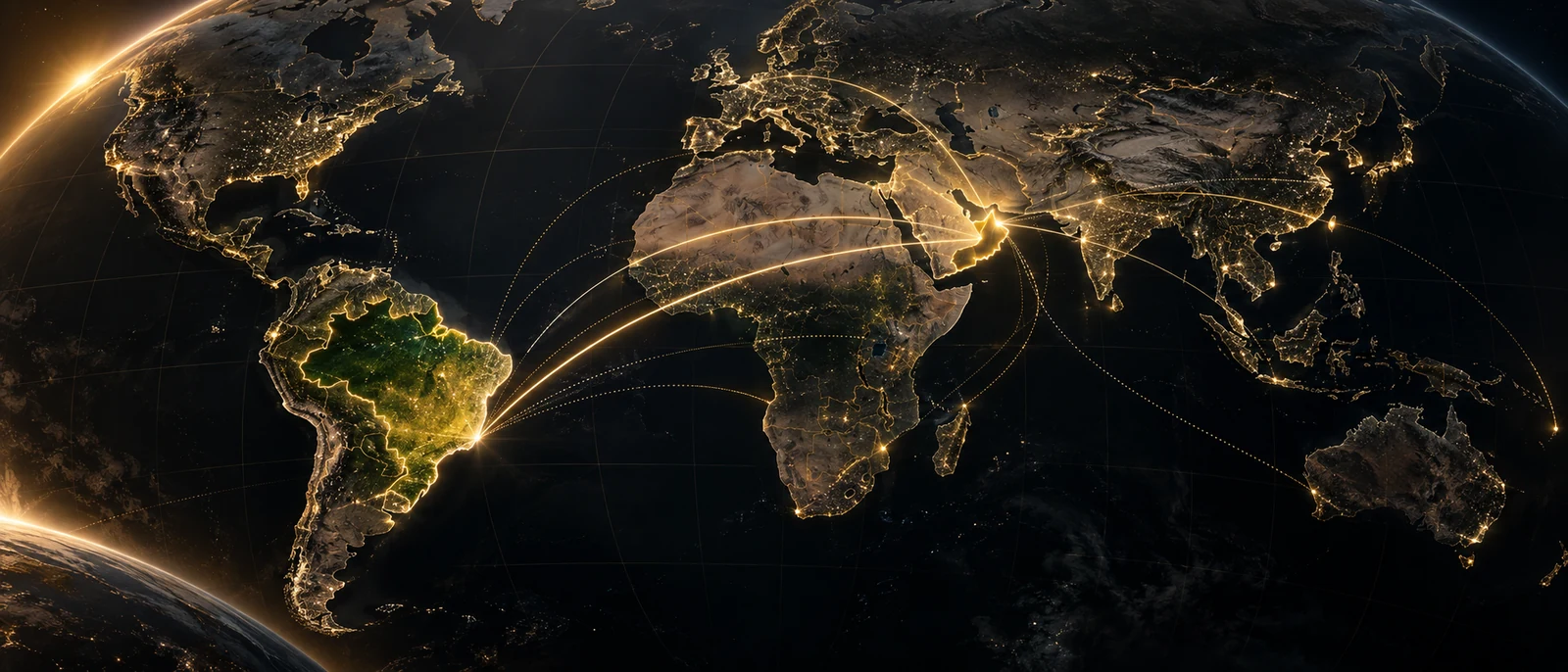 Mapa noturno com rotas entre Brasil e Omã